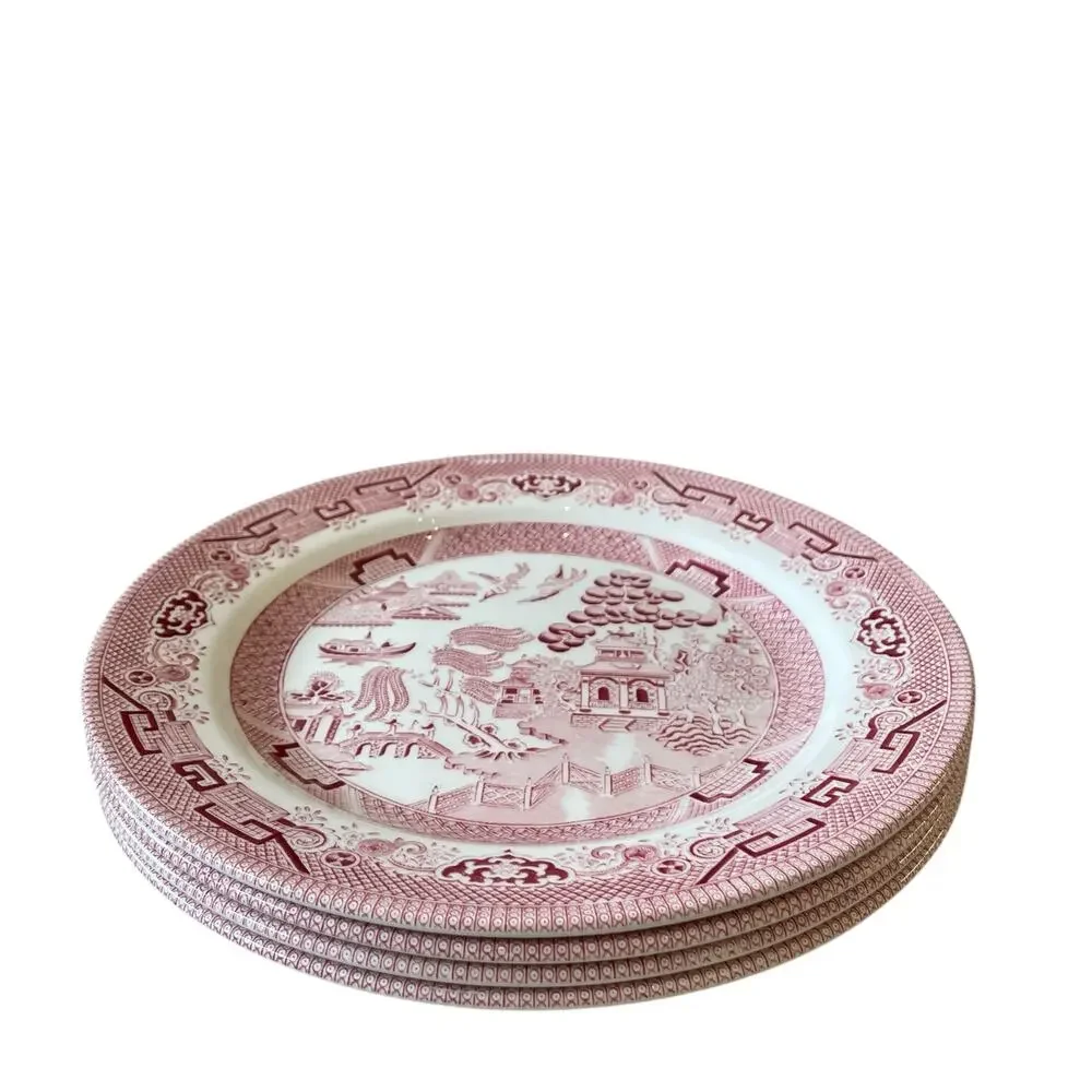 Queen's England WILLOW ROSA Porcelain Dinner Plates 10in Red White Set of 4 New